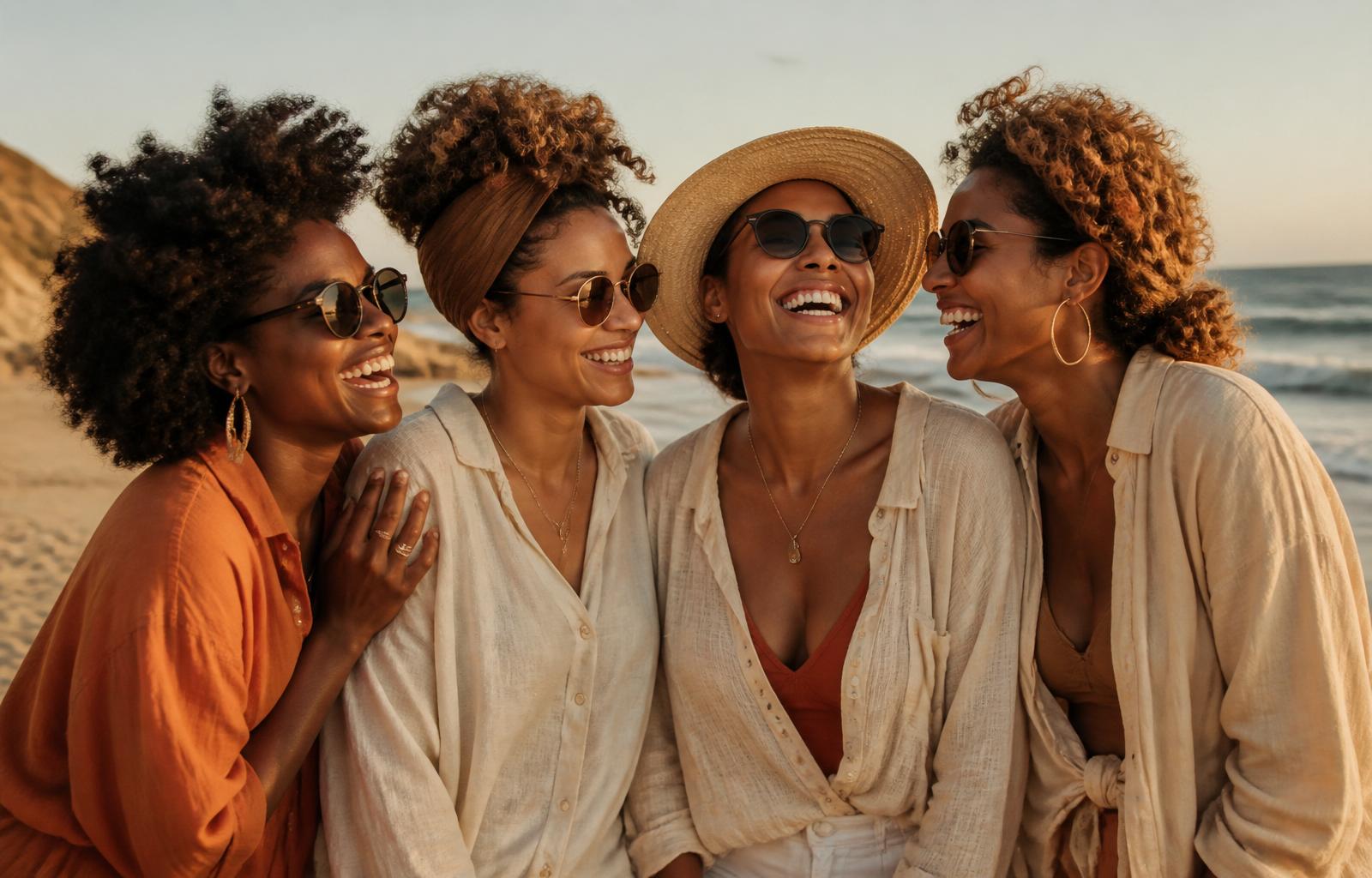 Four joyful women laughing together on a warm beach